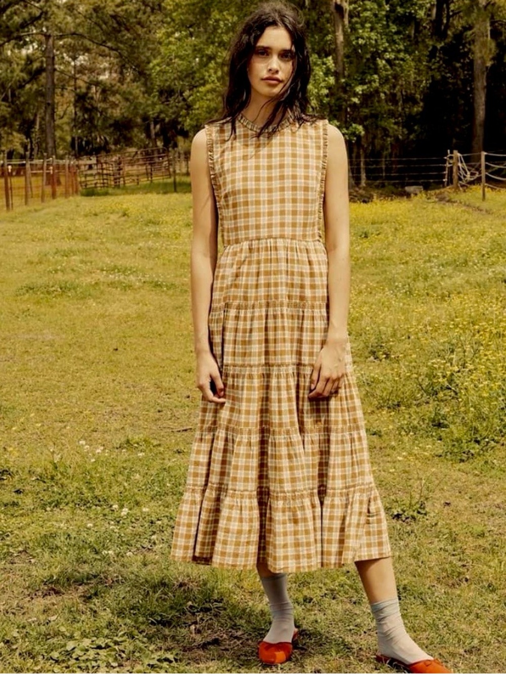 Doen Raven Plaid Maxi Dress in Tan and Light Blue